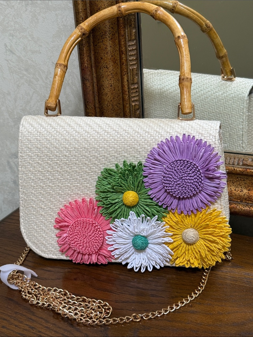 New w/o paper tag. Woven Floral Applique Shoulder Bag in Ivory w/ Bamboo Handle.